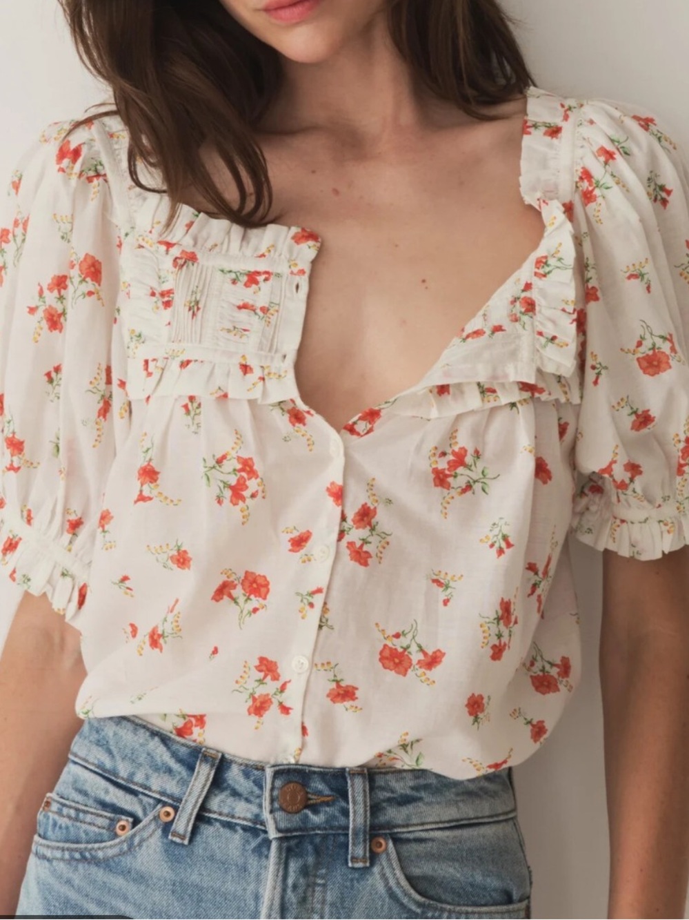 DÔEN Floral Puff Sleeve Ruffle Blouse XS Cottagecore Romantic Top